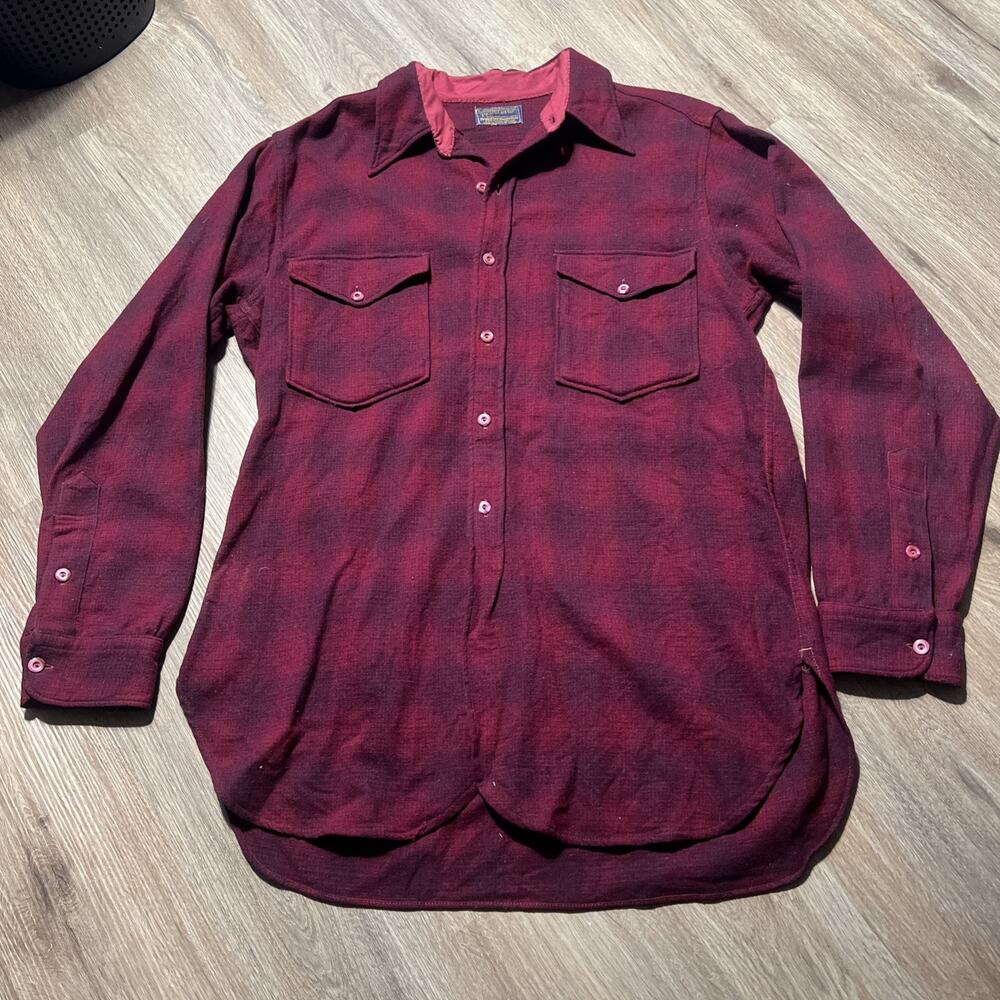 Vintage 20s 30s Pendleton Shadow Plaid Wool Flannel Shirt Pearl Button Curve Hem